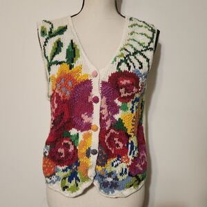 Vintage 90s Arriviste Knit Floral Sweater Vest Boho Cottagecore Flower Power
